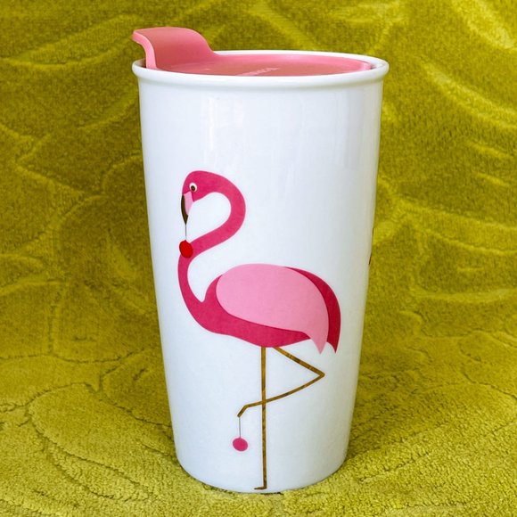 Davids Tea Twisted Pink Flamingo Ceramic Christmas Lights Travel Tumbler Mug Lid - Picture 3 of 10